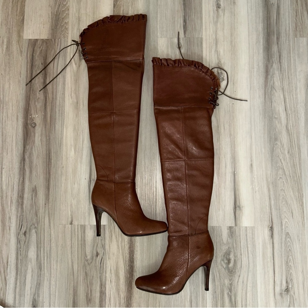 Report y2k Brown leather Over-the-Knee lace up back boots